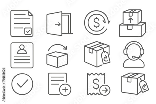 Returned Orders Icons. Line style icons of returned orders: item return slip, product back to warehouse icon, refund initiated