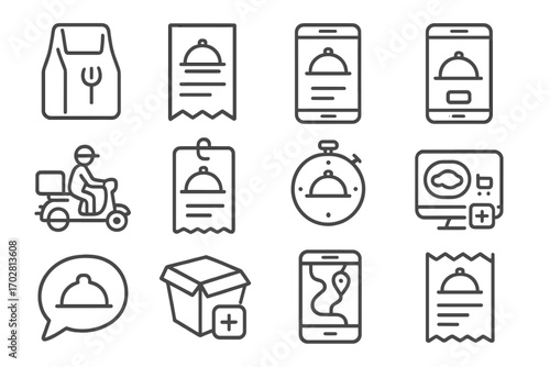 Food Order Icons. Line style icons of food orders: takeout bag icon, meal order ticket, restaurant app order screen, online food