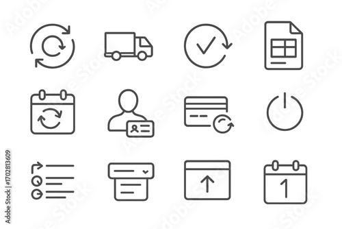 Subscription Order Icons. Line style icons of subscription orders: recurring order icon, monthly item delivery, auto-renewal badge