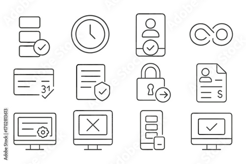 Subscription Icons Collection. Line style icons of subscription purchases: plan tiers icon, trial period badge, account activation
