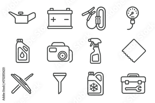 Automotive Supplies Icons. Line style icons of automotive supplies: oil can icon, car battery, jumper cables, air pressure gauge;
