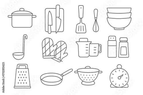 Kitchen Supply Icons. Line style icons of kitchen supplies: saucepan with lid, cutting board and knife, spatula icon, stack of
