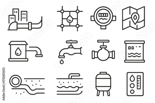 Water Utilities Icons. Line style icons of water utilities & infrastructure: city pipe, water grid, service meter, utility map;