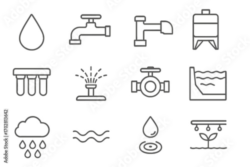 Water Management Icons. Line style icons of water management and control: water drop, faucet, pipeline, water tank; filtration