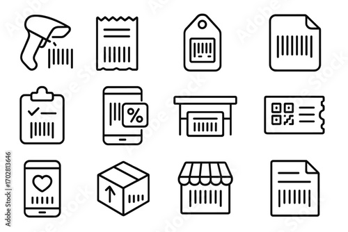 Commerce Barcode Icons. Line style icons of barcode usage in commerce: POS scanner, receipt code, checkout label, product barcode;