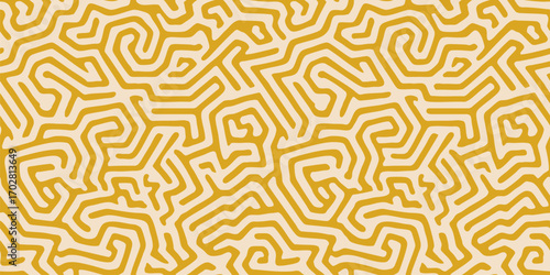 Vector seamless pattern with abstract maze, labyrinth, organic shapes, quirky liquid lines. Funky retro yellow and beige vector background with bio structures, brain texture, coral. Repeated design