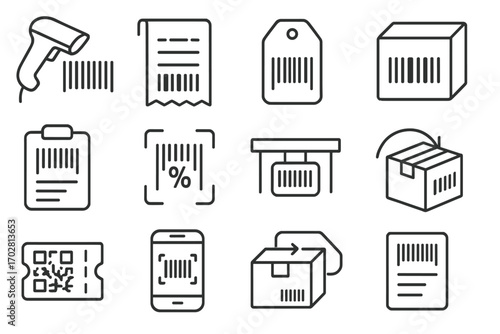 Commerce Barcode Icons. Line style icons of barcode usage in commerce: POS scanner, receipt code, checkout label, product barcode;