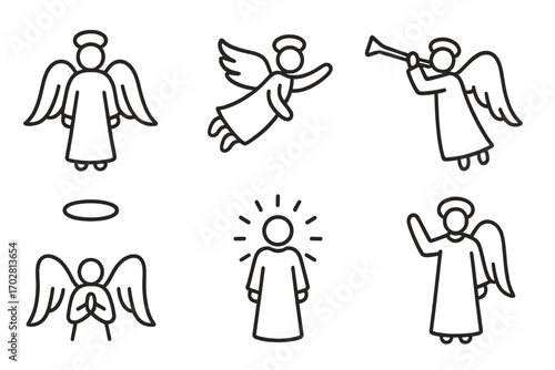 Easter Angels Icons. Line style icons of Easter angels and messengers: standing angel, flying angel, trumpet angel, praying angel;
