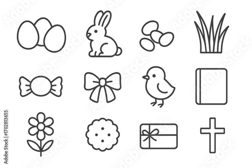Easter Basket Icons. Line style icons of Easter basket items: eggs, chocolate bunny, jelly beans, grass; candy, ribbon, toy chick,