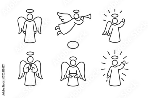 Easter Angels Icons. Line style icons of Easter angels and messengers: standing angel, flying angel, trumpet angel, praying angel;