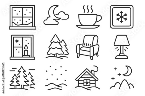 Winter Evening Icons. Line style icons of winter evening scenes: snowy window, moon with clouds, steaming cup, frosted glass;