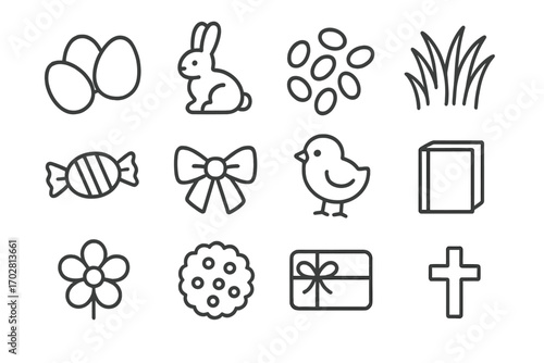 Easter Basket Icons. Line style icons of Easter basket items: eggs, chocolate bunny, jelly beans, grass; candy, ribbon, toy chick,