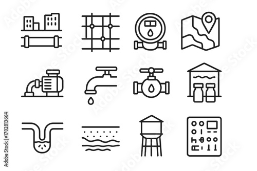 Water Utilities Icons. Line style icons of water utilities & infrastructure: city pipe, water grid, service meter, utility map;