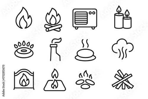 Fire and Warmth Icons. Line style icons of fire and warmth sources: flame icon, fireplace logs, heater unit, candle cluster; stove