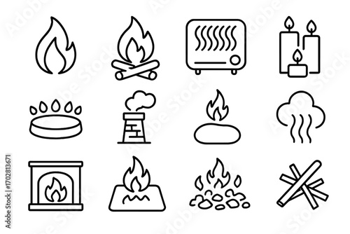 Fire and Warmth Icons. Line style icons of fire and warmth sources: flame icon, fireplace logs, heater unit, candle cluster; stove