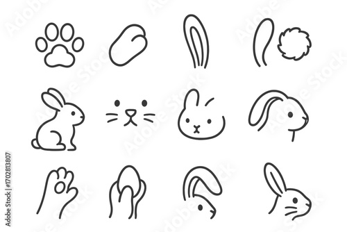 Bunny Line Icons. Line style icons of bunny paws and closeups: paw print, curled toes, ear detail, tail puff; side profile, bunny