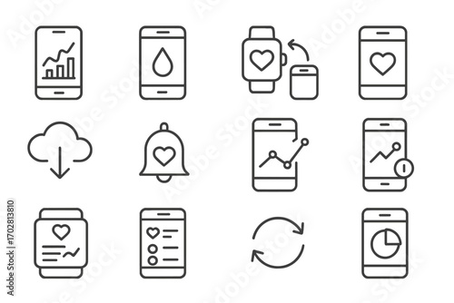 Health Monitoring Icons. Line style icons of app-based health monitoring: mobile chart, phone with drop icon, wearable sync,