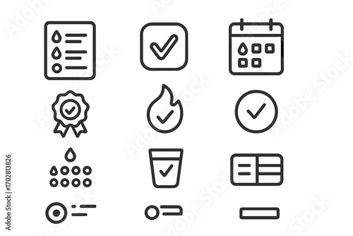 Tracking Icons Collection. Line style icons of tracking with check-ins and logs: checklist with drop, habit tick, calendar