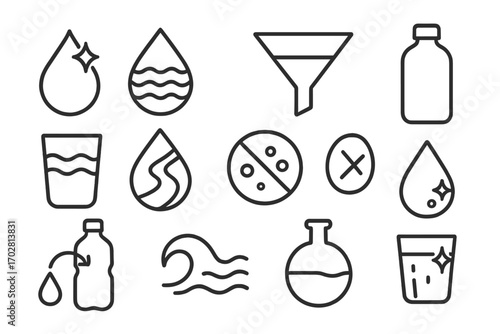 Clean Hydration Icons. Line style icons of clean hydration and purity: droplet with sparkle, pure water icon, filter symbol, clear