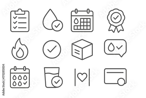 Tracking Icons Collection. Line style icons of tracking with check-ins and logs: checklist with drop, habit tick, calendar