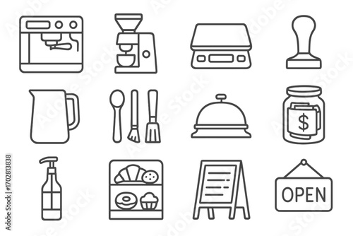 Coffee Shop Essentials. Line style icons of coffee shop elements: espresso machine, grinder, coffee scale, tamper; milk frother,