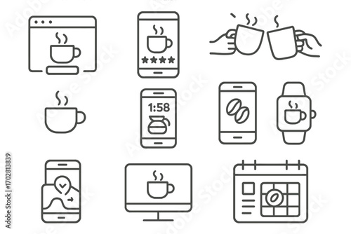 Digital Coffee Icons. Line style icons of digital coffee interactions: online order interface, rating coffee, virtual cheers, cup