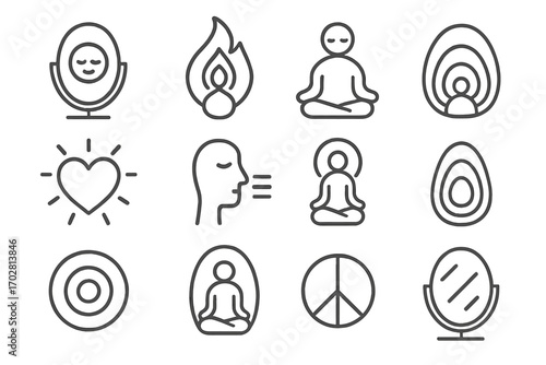 Inner Peace Icons. Line style icons of inner peace and reflection: calm mirror, soul flame, centered body, peace symbol; heart