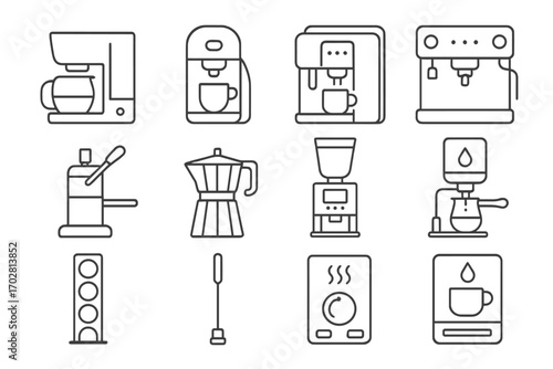 Coffee Machine Icons. Line style icons of coffee machines: drip coffee maker, single serve pod machine, bean-to-cup device, café