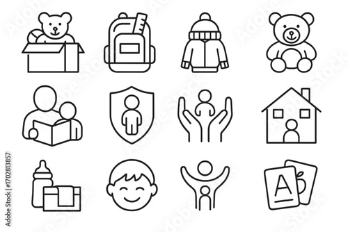 Child Aid Line Icons. Line style icons of child-focused aid: toy donation, school kit, warm clothes, teddy bear; reading with