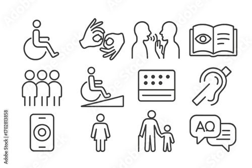 Inclusive Support Icons. Line style icons of inclusive support: wheelchair aid, sign language icon, interpreter help, visual aid