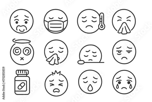 Sick Emoticon Icons. Line style icons of sick and tired emoticons: green nauseous face, face mask, thermometer face, sneezing face