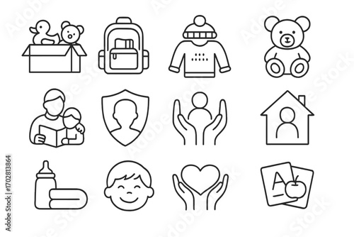 Child Aid Line Icons. Line style icons of child-focused aid: toy donation, school kit, warm clothes, teddy bear; reading with
