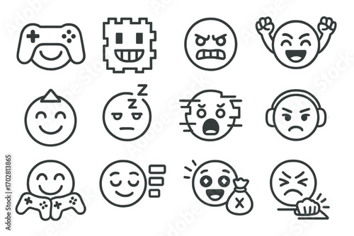 Gaming Emoticon Icons. Line style icons of gaming mood emoticons: gamepad smile, pixel joy, losing rage, winning cheer; level up