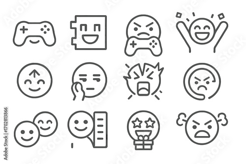 Gaming Emoticon Icons. Line style icons of gaming mood emoticons: gamepad smile, pixel joy, losing rage, winning cheer; level up