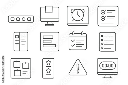 Desktop Organization Icons. Line style icons of desktop organization: taskbar with icons, sticky note on monitor, alarm on screen,