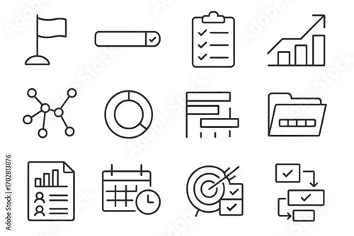 Project Tracking Icons. Line style icons of project tracking: milestone flag, completed step bar, checklist on clipboard, progress