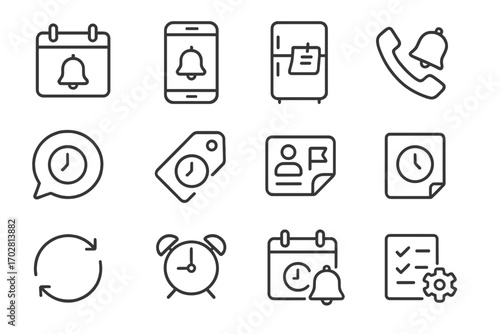 Reminder System Icons. Line style icons of reminder systems: alert calendar, buzzer app, sticky on fridge, call reminder bell;