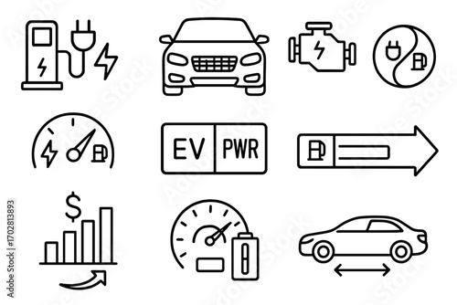 Hybrid Vehicle Icons. Line style icons of hybrid vehicles: EV + fuel icon, hybrid car front, dual system symbol, engine and