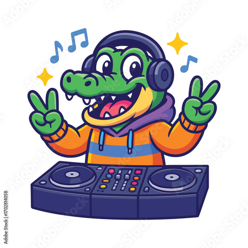 DJ crocodile vector cartoon mascot