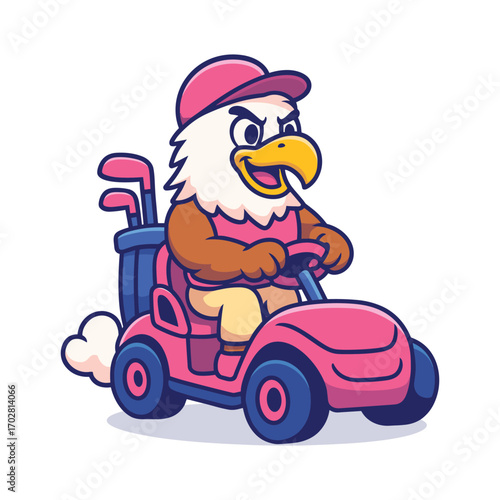 Eagle mascot driving golf cart vector cartoon