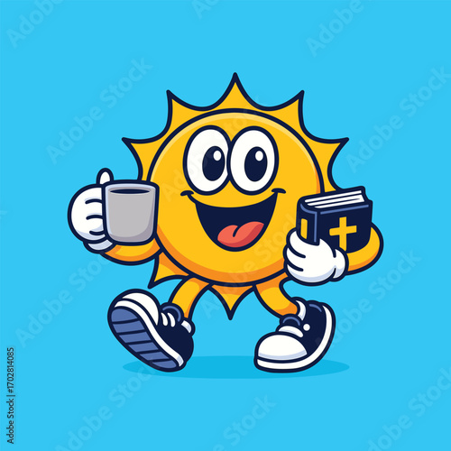 Happy sun with coffee and bible vector mascot cartoon