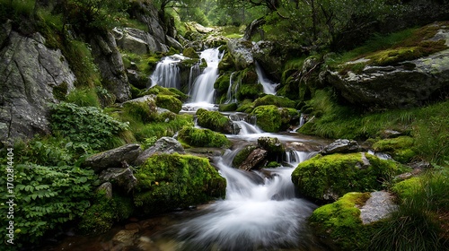 Awesome photo of small waterfall cascading over mossy rocks in a forest.