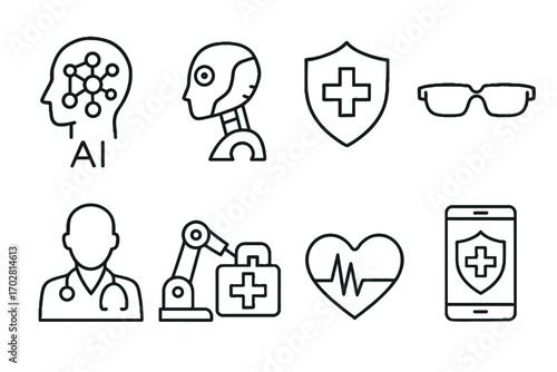 Outline vector icons of artificial intelligence in healthcare — set of modern line style icons, transparent background.  
