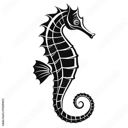 Elegant seahorse illustration perfect for nautical designs, tattoos, or marine life education - striking sea creature with flowing lines and bold style