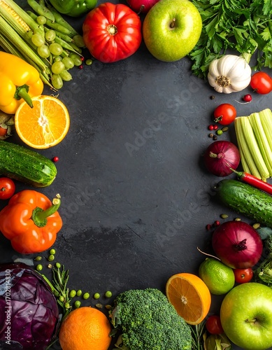 Fototapeta Naklejka Na Ścianę i Meble -  Colorful fruits and vegetables arranged in a circle