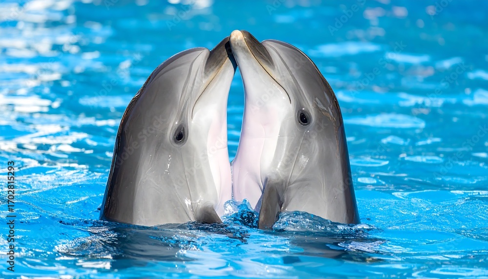 Naklejka premium Two dolphins face to face in a pool of bright blue water