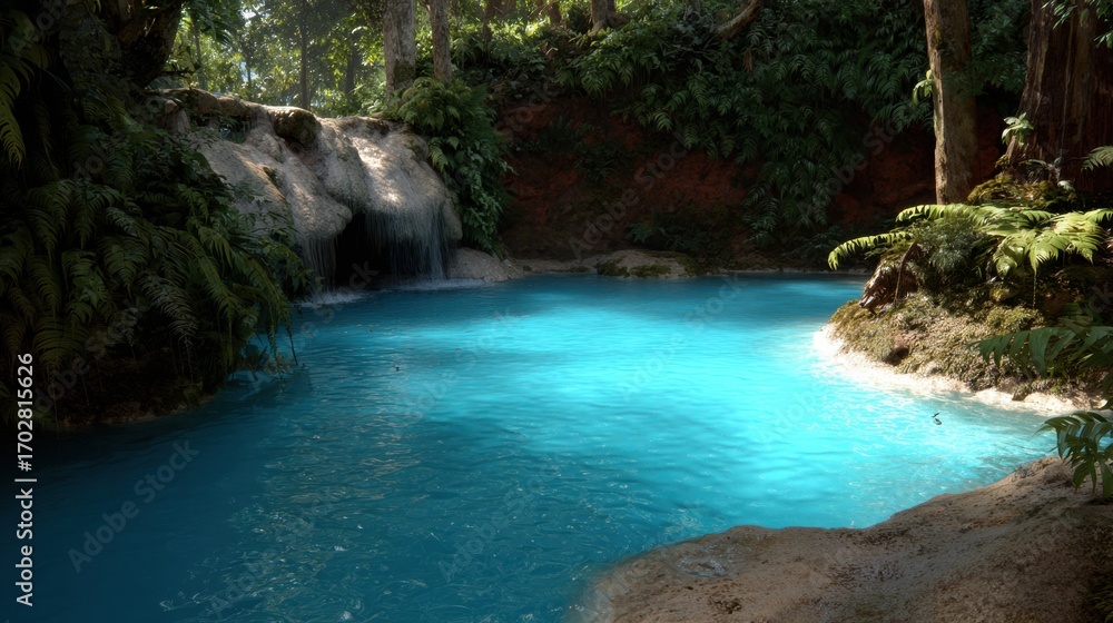 Naklejka premium Serene Natural Pool with Crystal Clear Water in Lush Green Forest