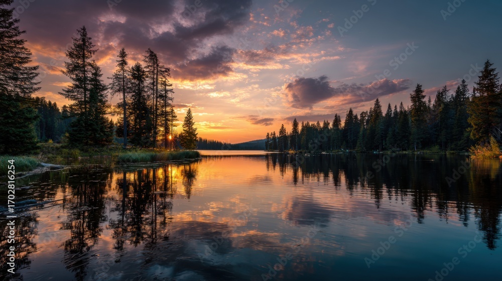 Obraz premium The calm waters of a lake capture the vibrant hues of sunset, with tall evergreen trees lining the shore. Soft clouds add depth to the evening sky, creating a peaceful atmosphere.