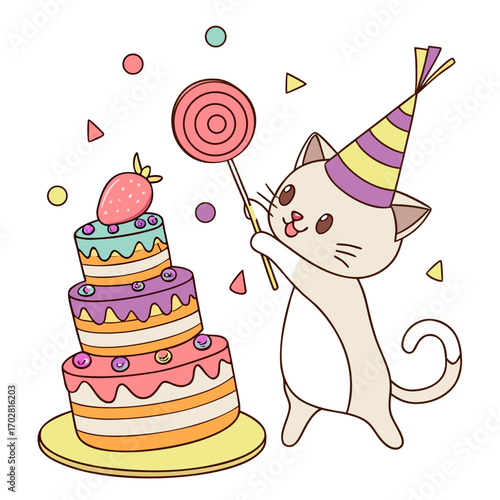 Creative SVG: Silly Oriental Shorthair with balancing a stack of pancakes in a Candy Shop colored Birthday theme