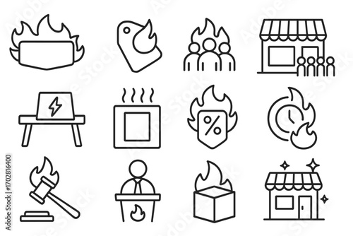 Hot Sale Line Icons. Line style icons of hot sales events: banner with fire design, doorbuster tag, crowd with flame icon, line